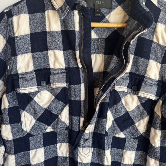 J Crew Plaid Flannel Half Zip Pullover Top Medium Buffalo Check Navy Blue White - Picture 6 of 14
